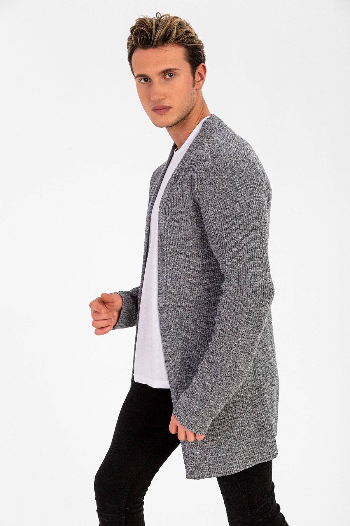 WAFFEL KNIT MEN'S CARDIGAN: Gray / S