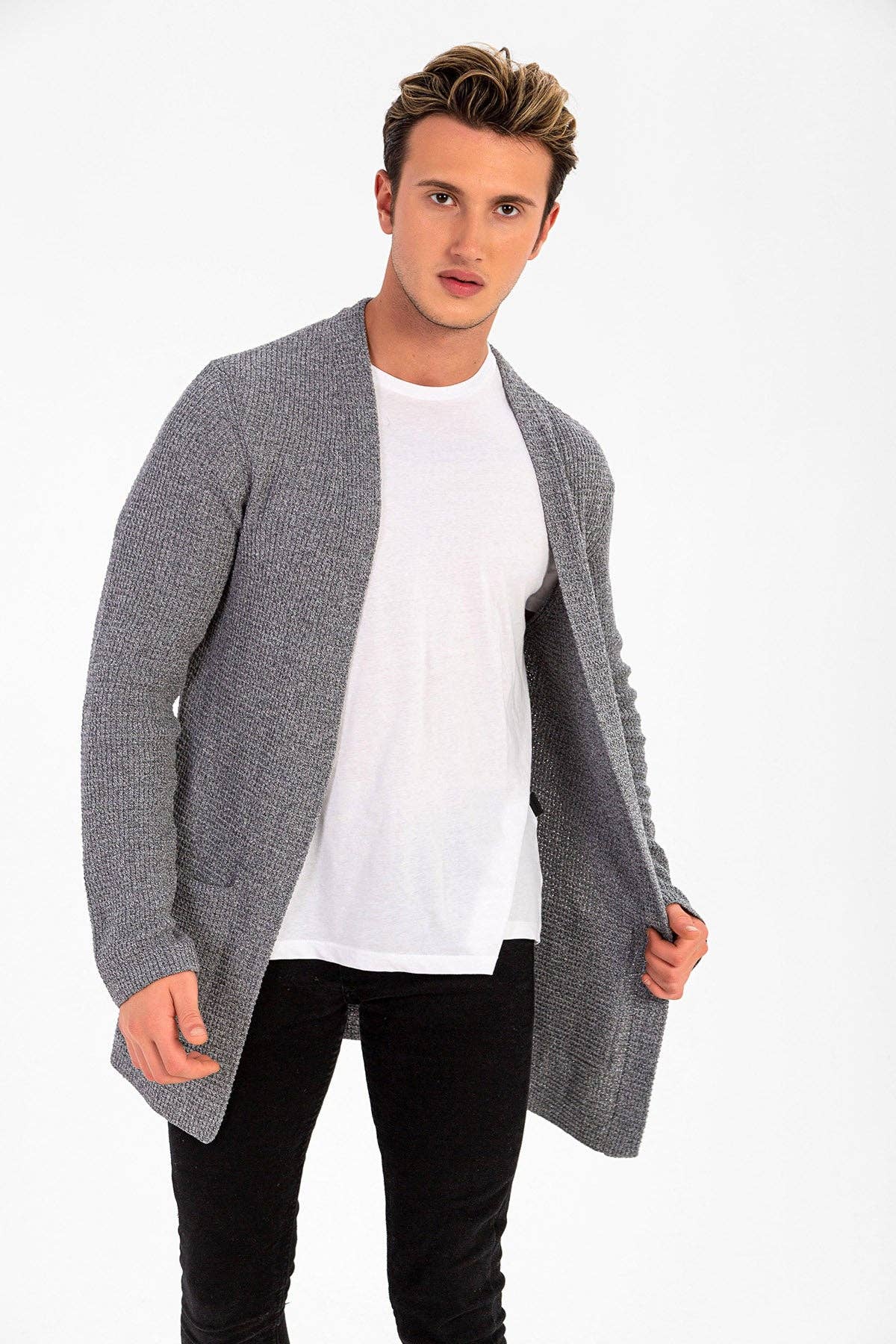 WAFFEL KNIT MEN'S CARDIGAN: Gray / S
