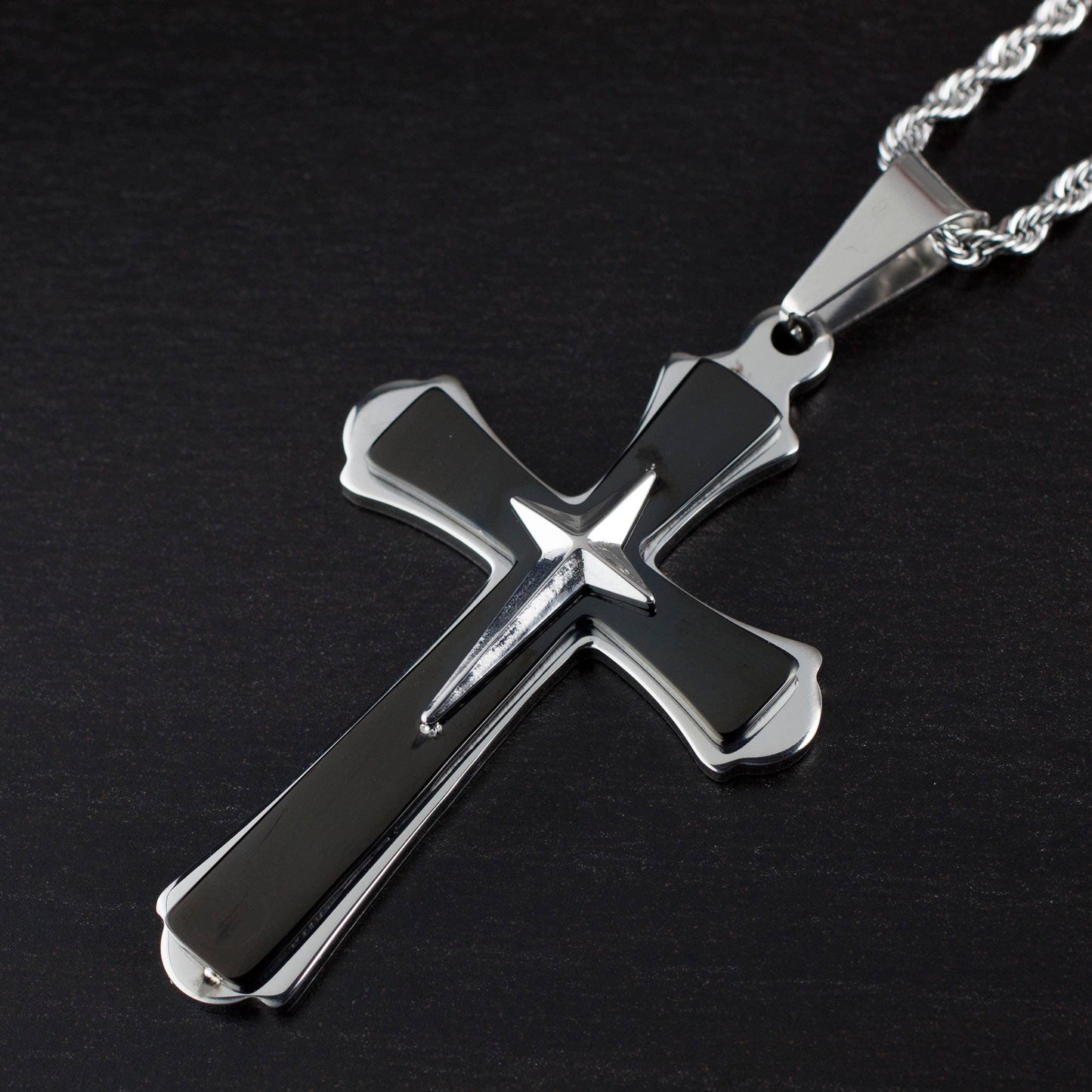 Flared Triple Layer Two Tone Stainless Steel Cross Pendant