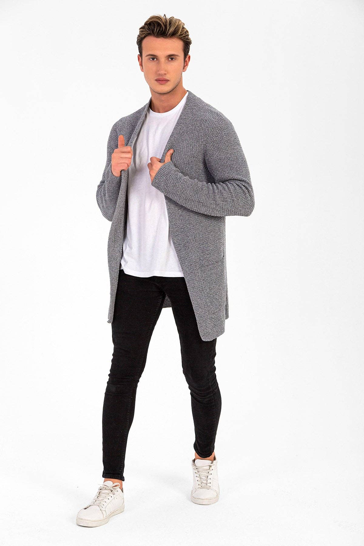 WAFFEL KNIT MEN'S CARDIGAN: Gray / XL