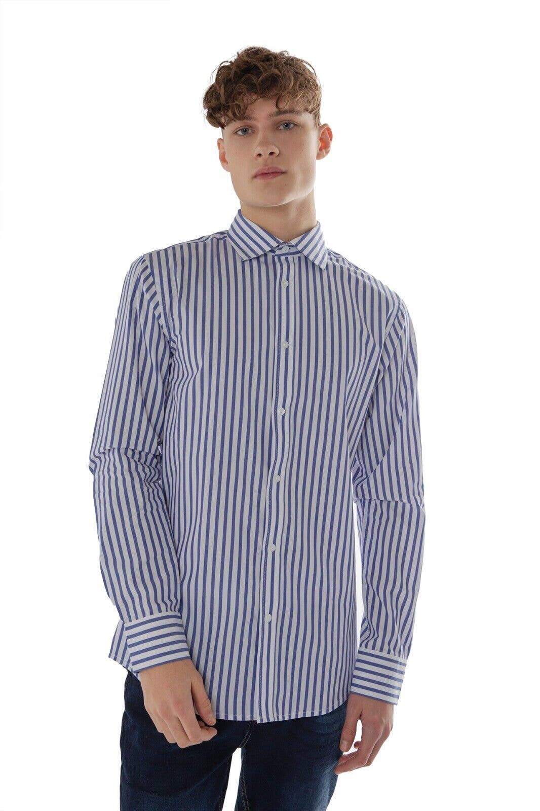 Mens Long Sleeve Shirts Striped Top - White & Royal Blue: White & Royal Blue / M