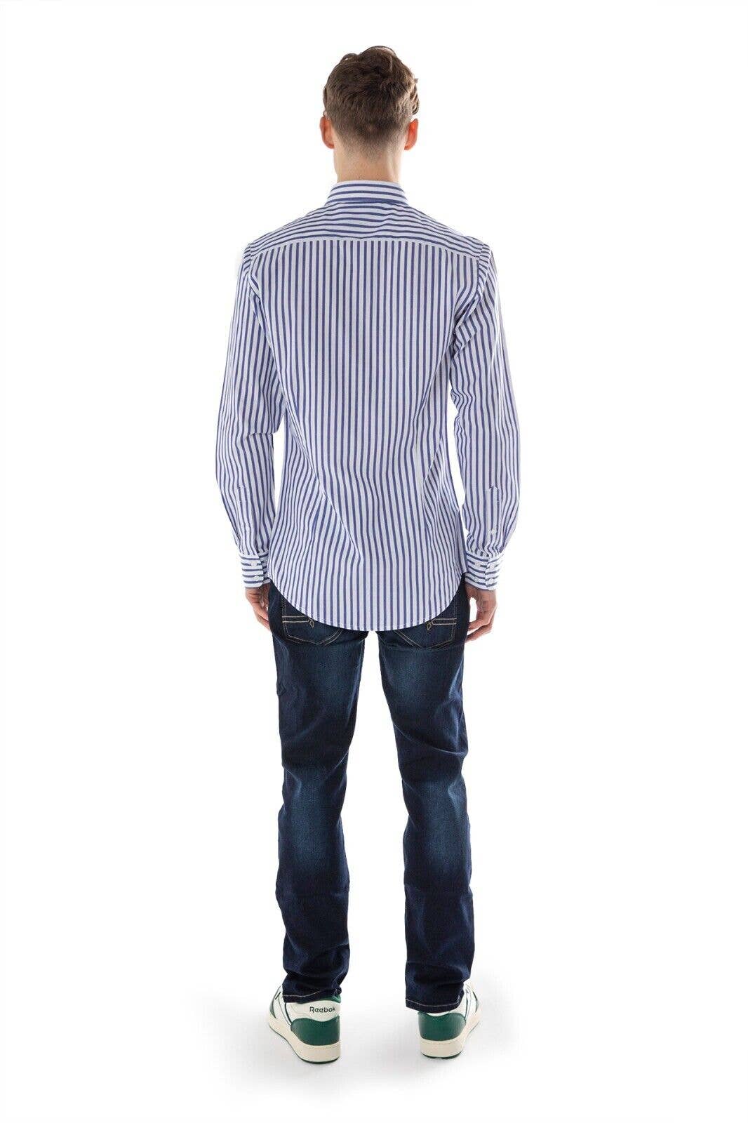 Mens Long Sleeve Shirts Striped Top - White & Royal Blue: White & Royal Blue / 2XL
