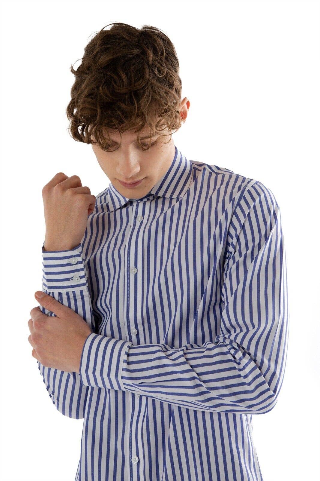 Mens Long Sleeve Shirts Striped Top - White & Royal Blue: White & Royal Blue / L