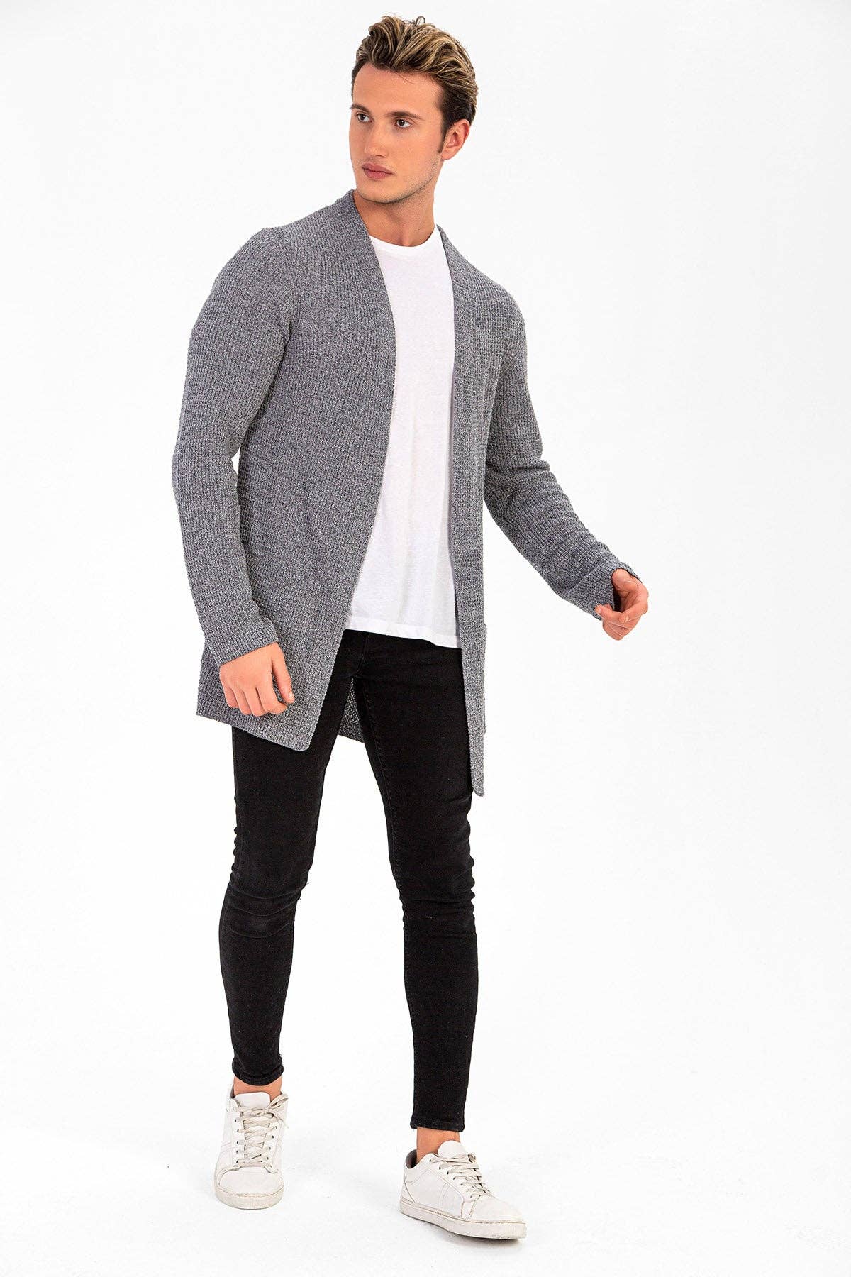 WAFFEL KNIT MEN'S CARDIGAN: Gray / M