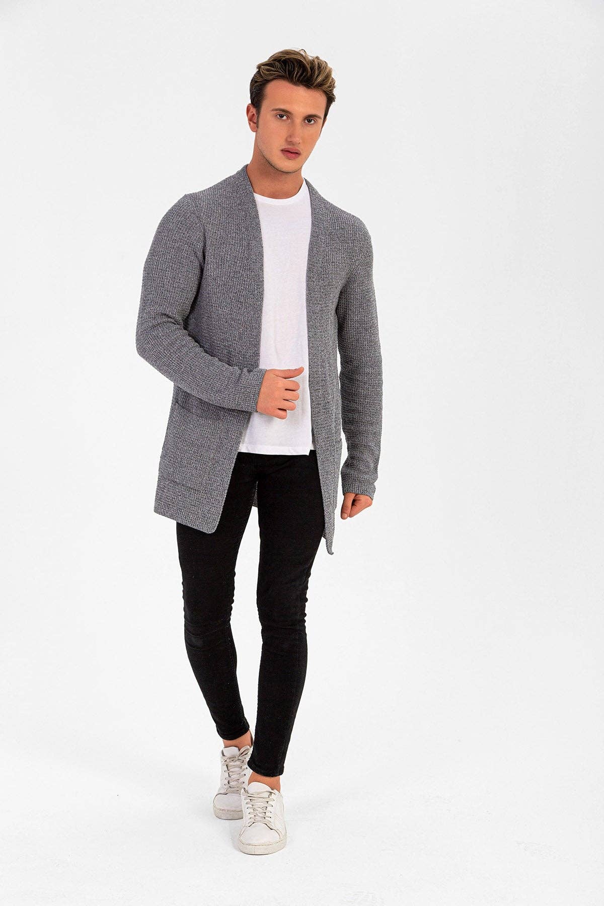 WAFFEL KNIT MEN'S CARDIGAN: Gray / L