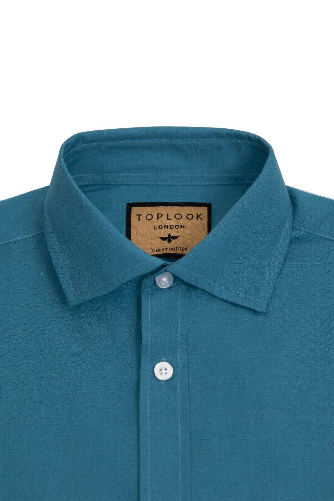 Mens Long Sleeve Poplin Shirts Double Cuff Shirt- Denim Blue: Denim Blue / S