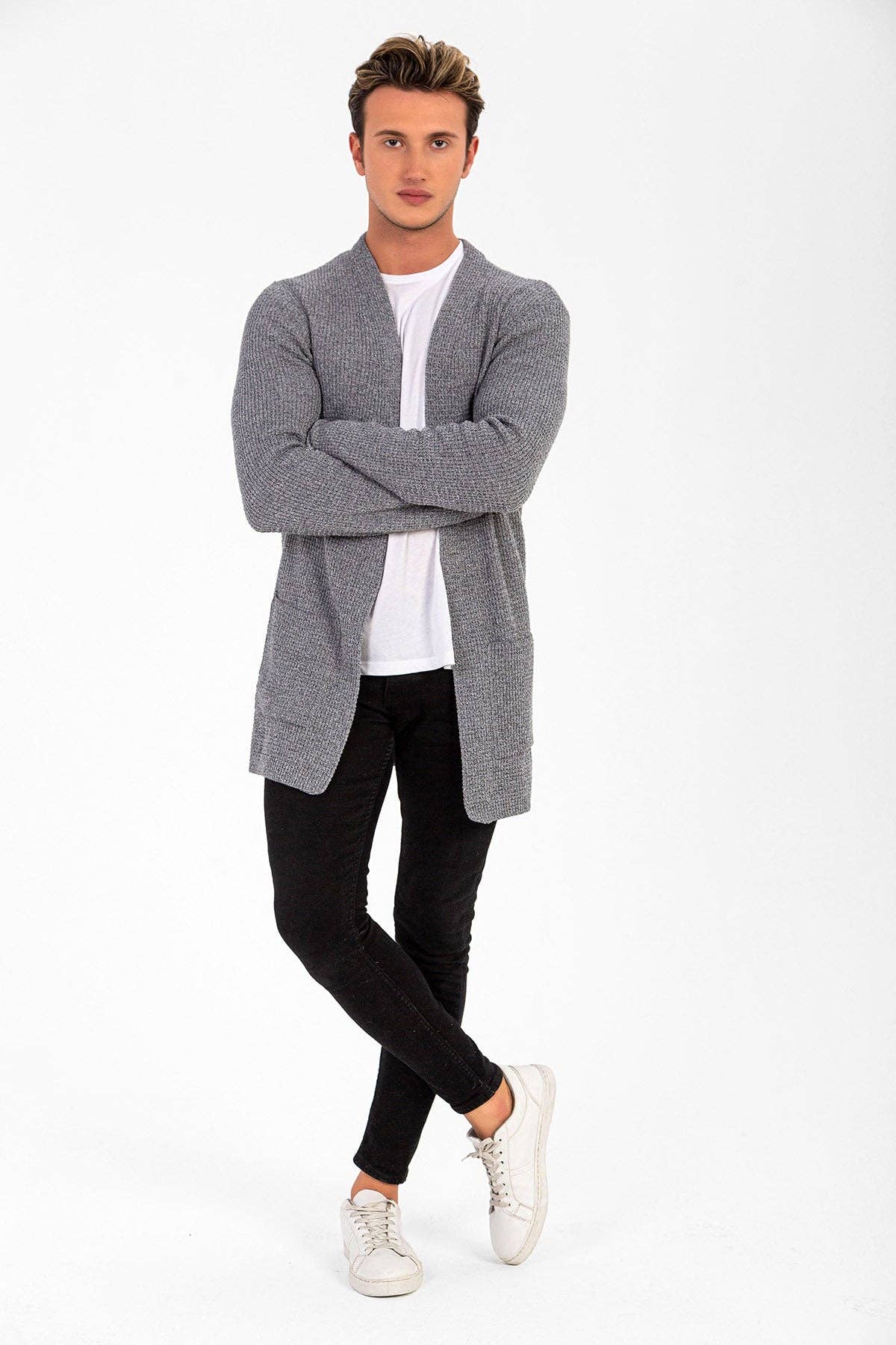 WAFFEL KNIT MEN'S CARDIGAN: Gray / M