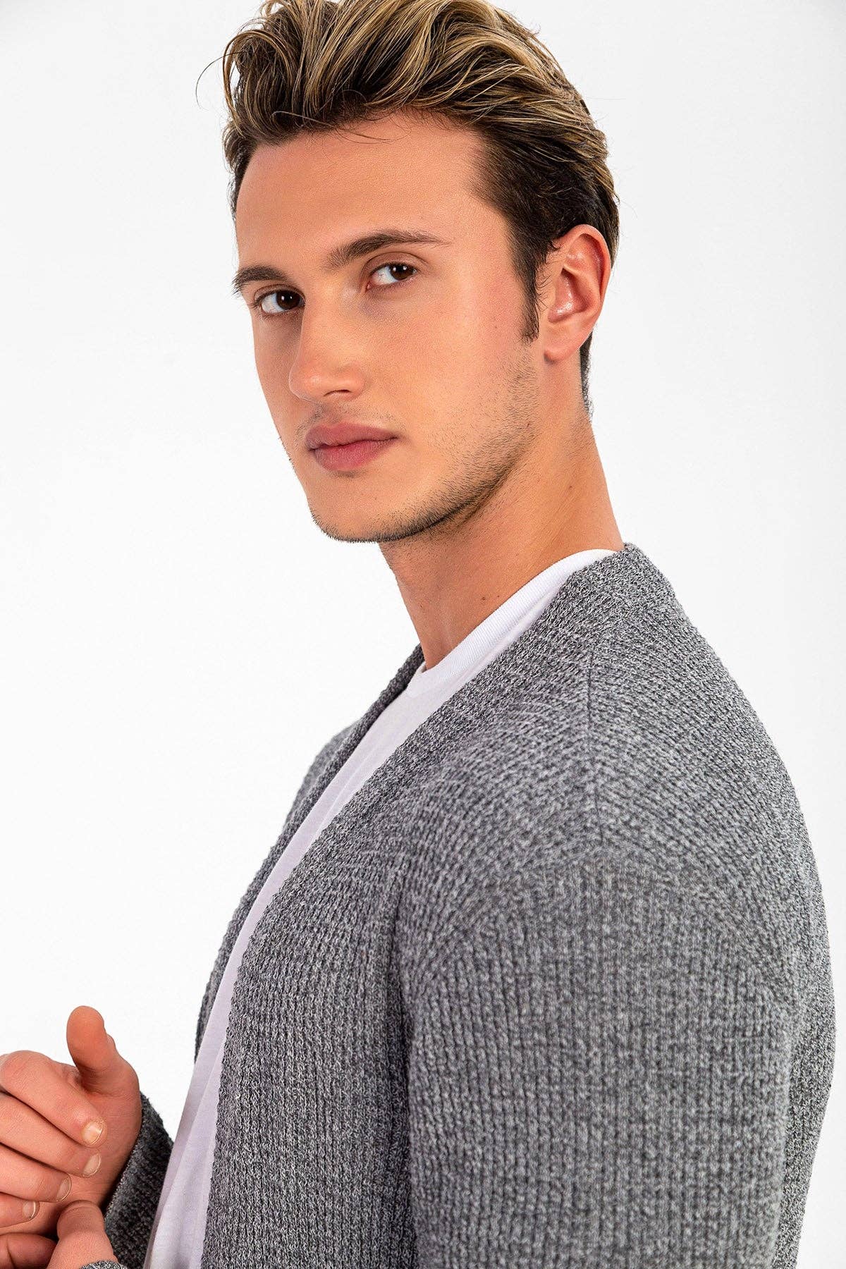 WAFFEL KNIT MEN'S CARDIGAN: Gray / M