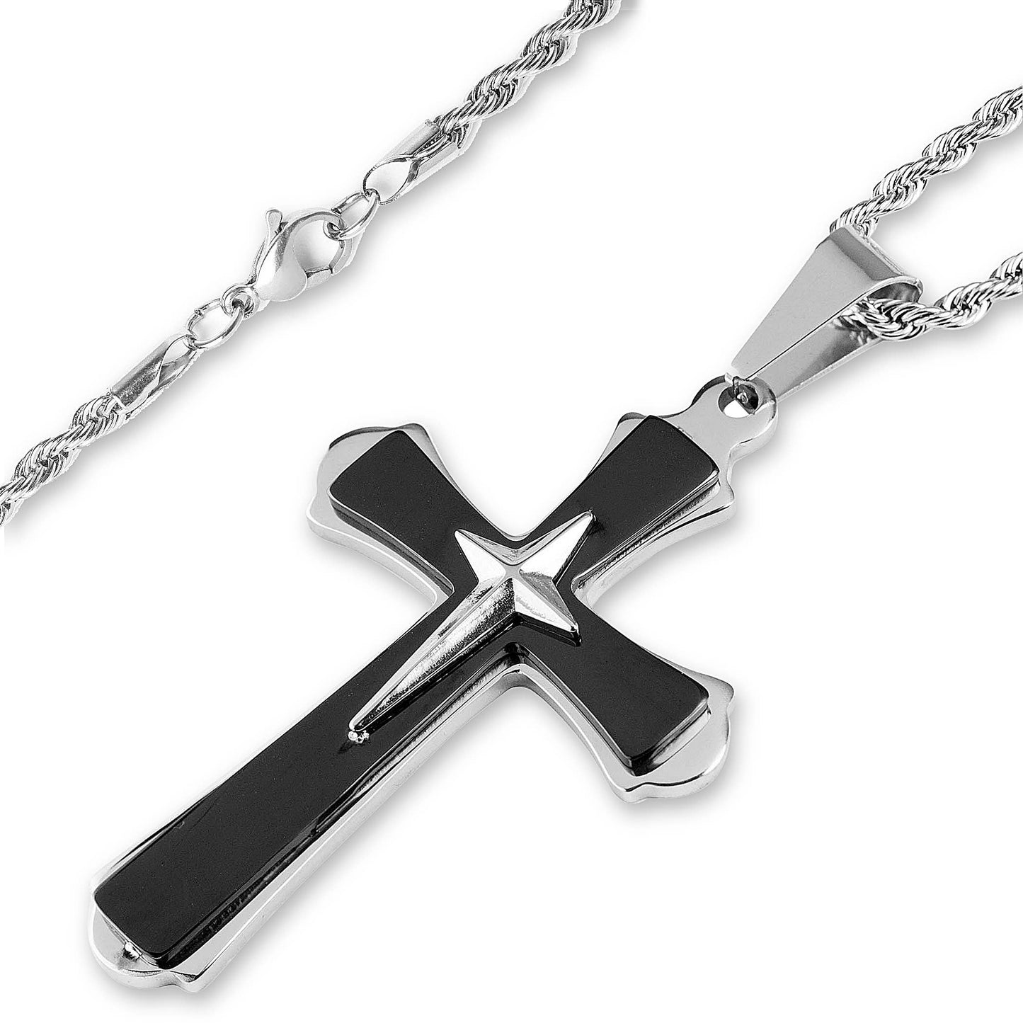 Flared Triple Layer Two Tone Stainless Steel Cross Pendant
