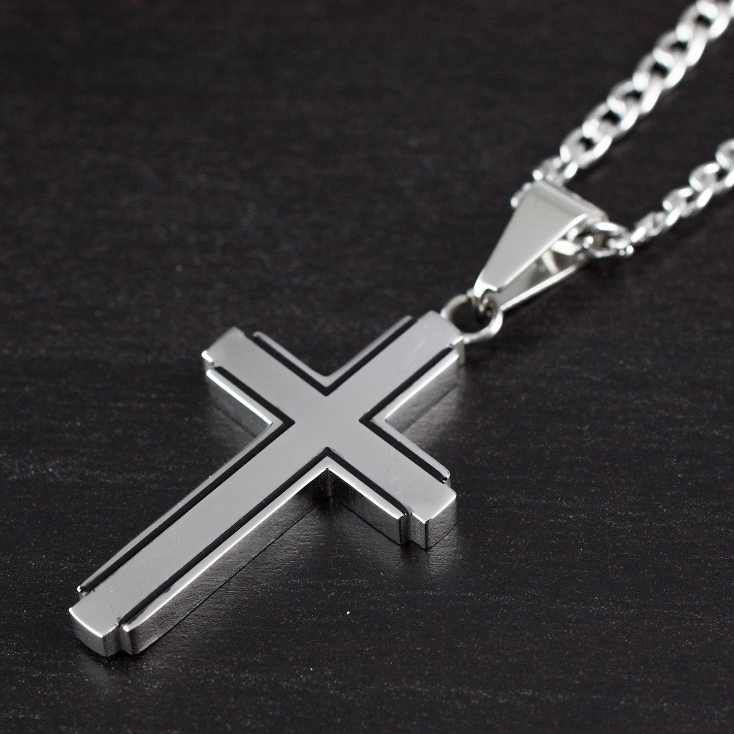 Black Inlay Polished Stainless Steel Cross Pendant