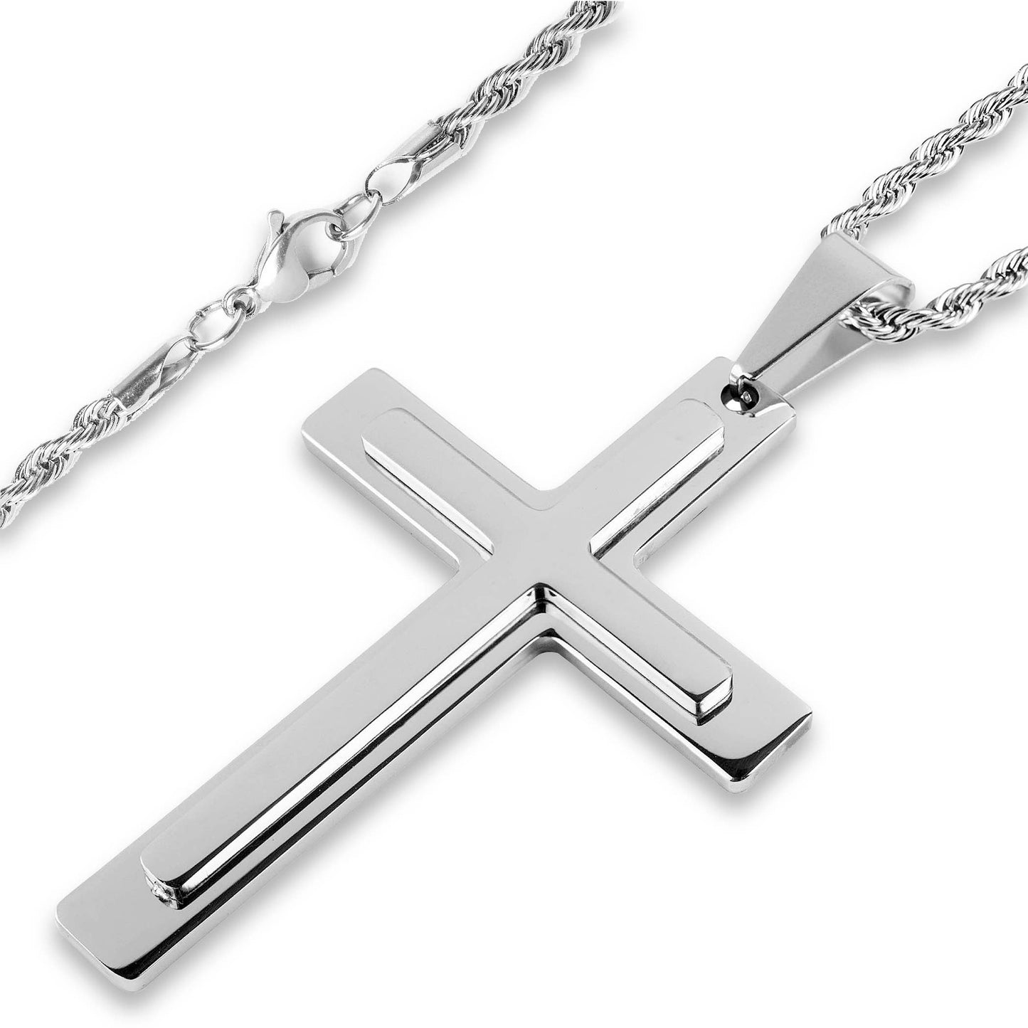 Polished Layered Stainless Steel Cross Pendant Necklace