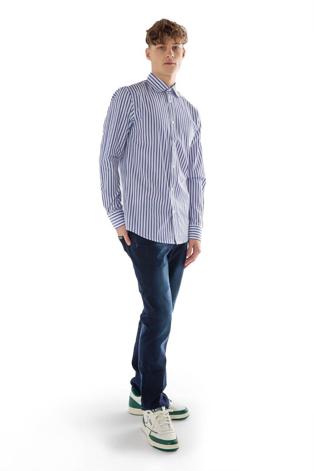 Mens Long Sleeve Shirts Striped Top - White & Royal Blue: White & Royal Blue / 2XL