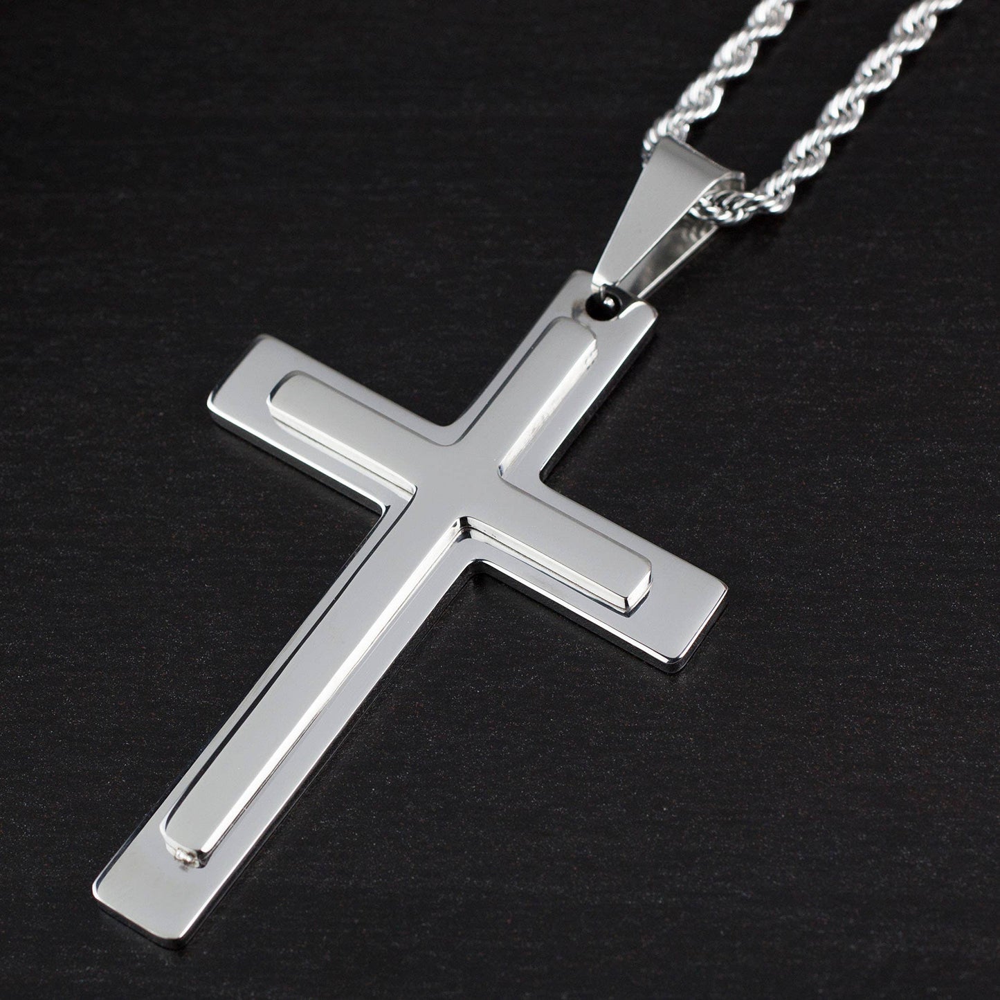 Polished Layered Stainless Steel Cross Pendant Necklace