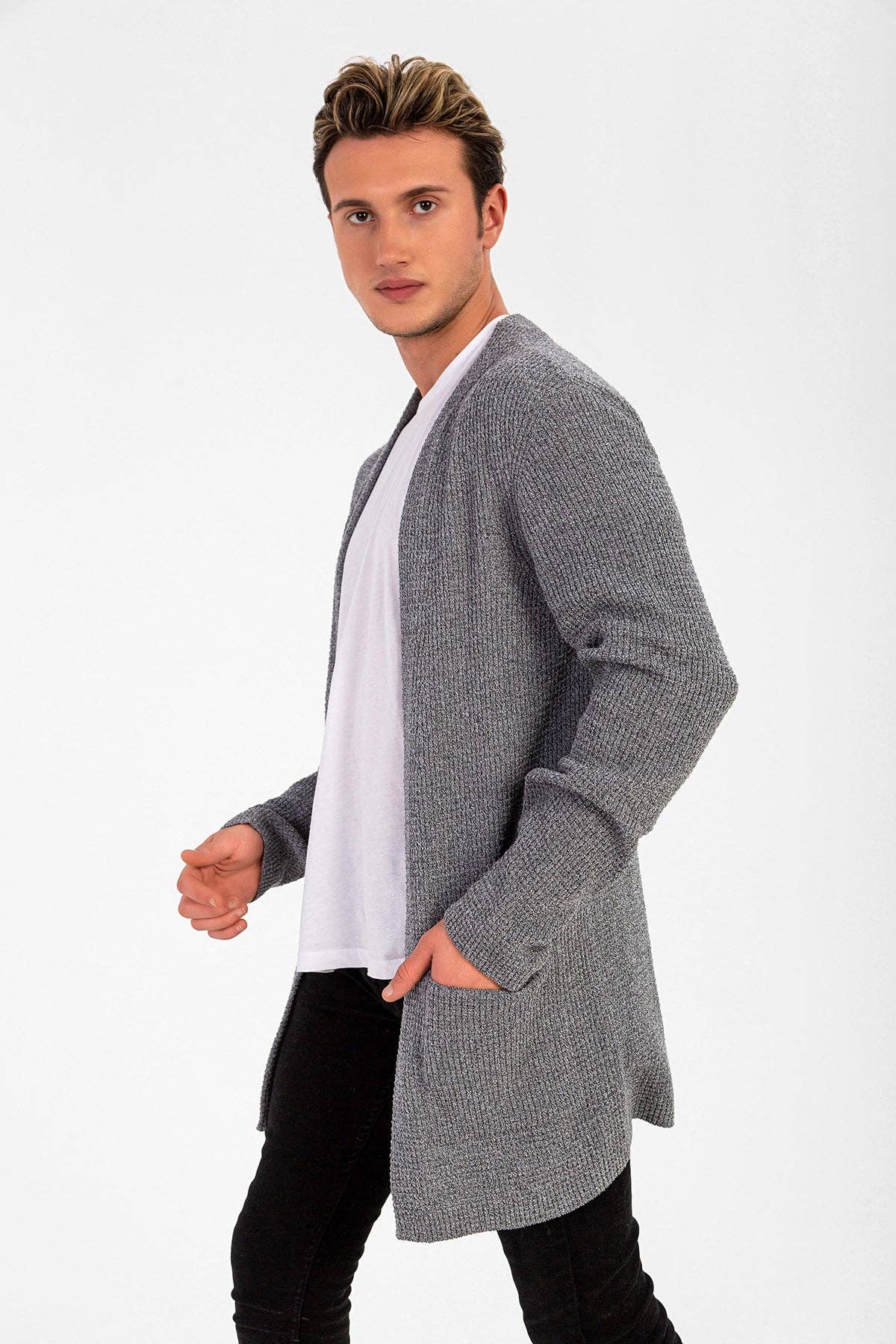 WAFFEL KNIT MEN'S CARDIGAN: Gray / M