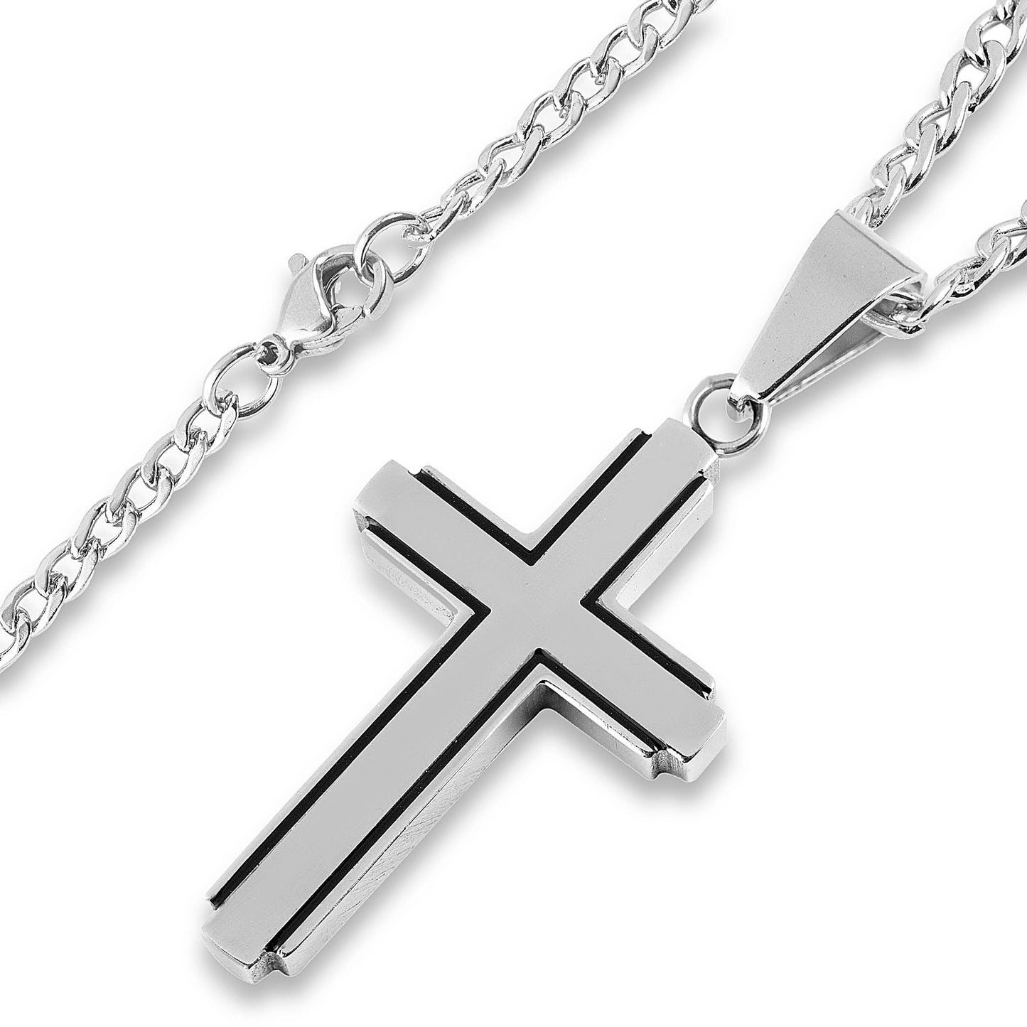 Black Inlay Polished Stainless Steel Cross Pendant