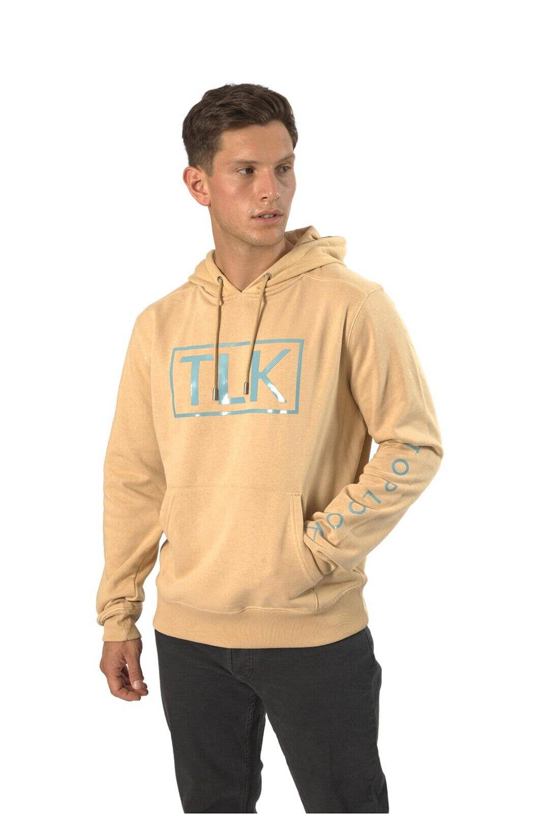 Mens Raised Printed Pullover Hoodie Fleece Top - Almond: Almond / XL