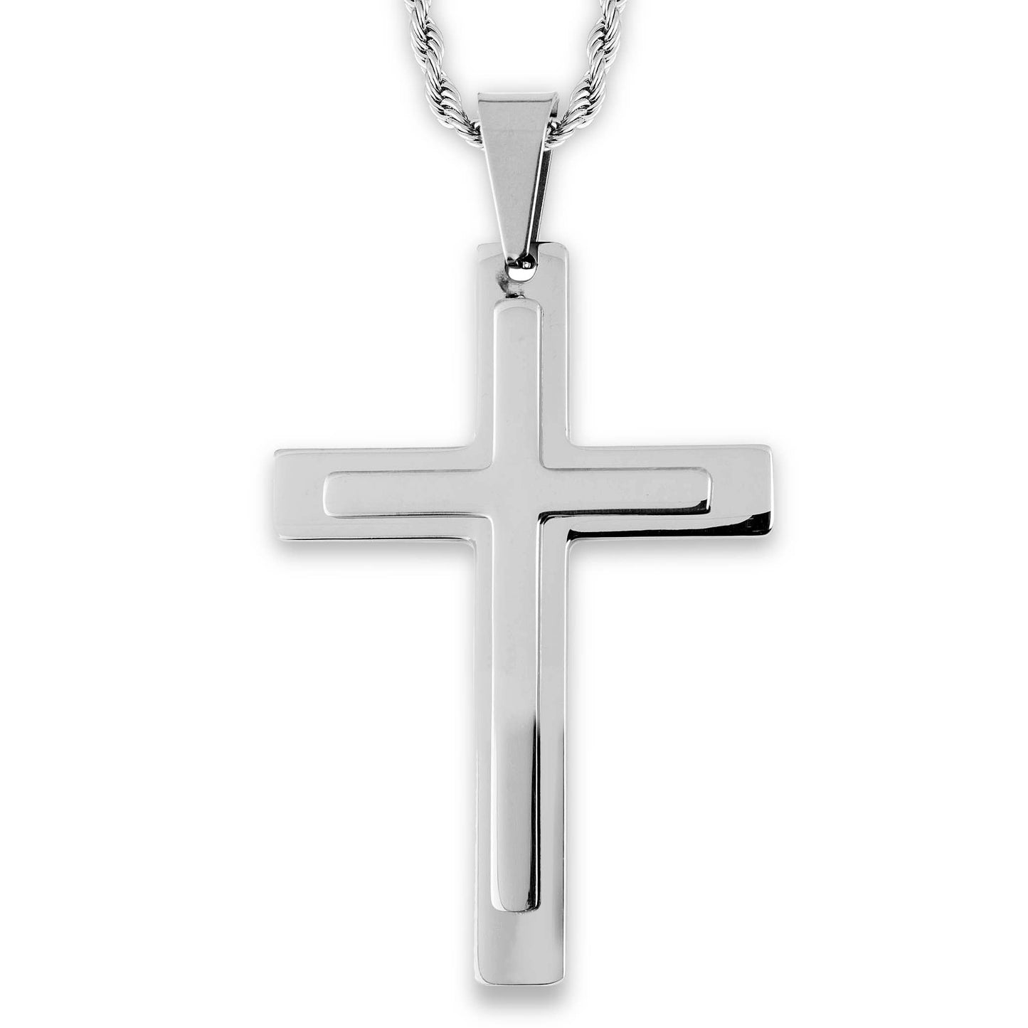 Polished Layered Stainless Steel Cross Pendant Necklace