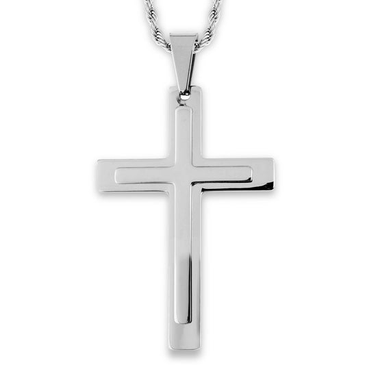 Polished Layered Stainless Steel Cross Pendant Necklace