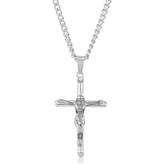 Crucifix Cross Stainless Steel Pendant Necklace: Silver