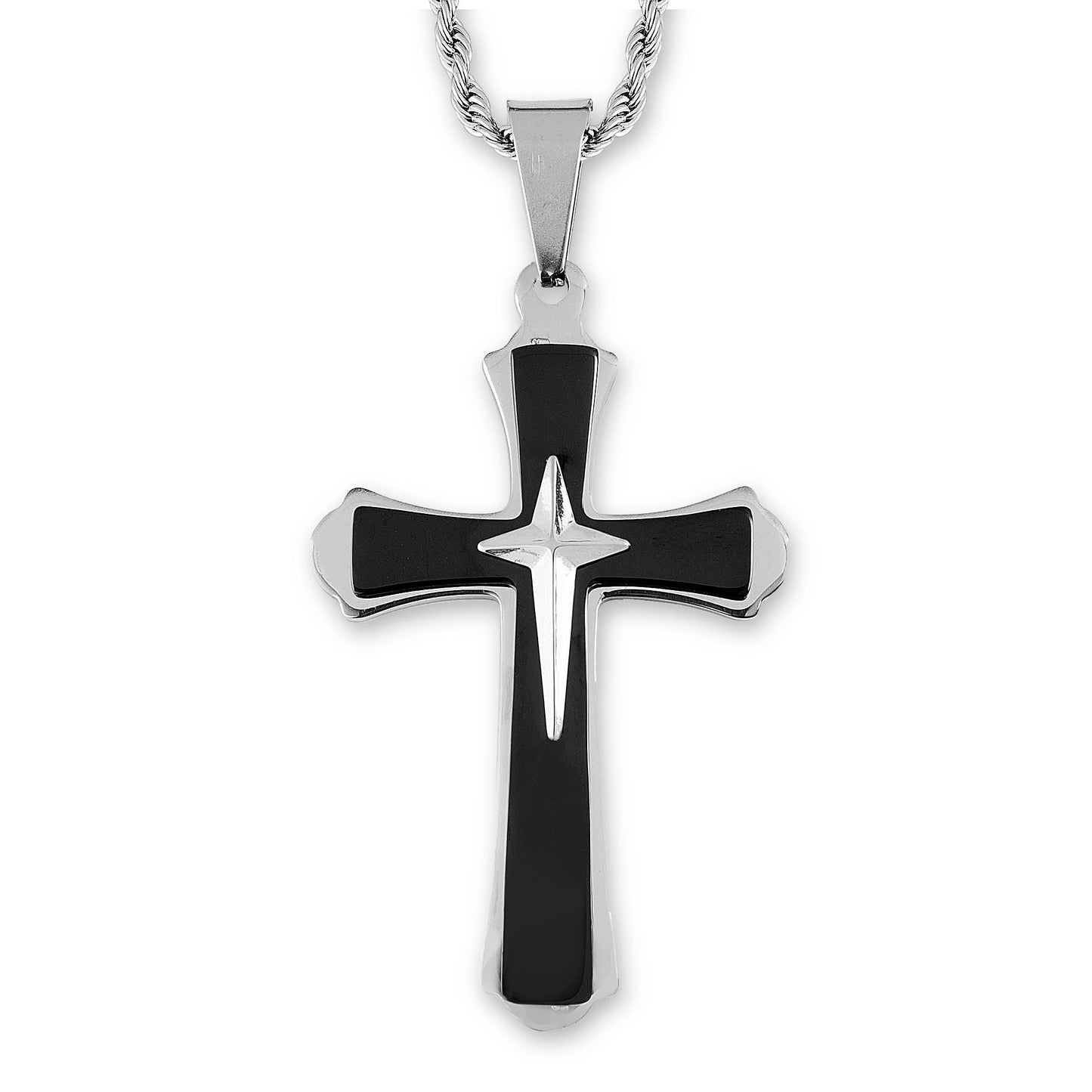 Flared Triple Layer Two Tone Stainless Steel Cross Pendant