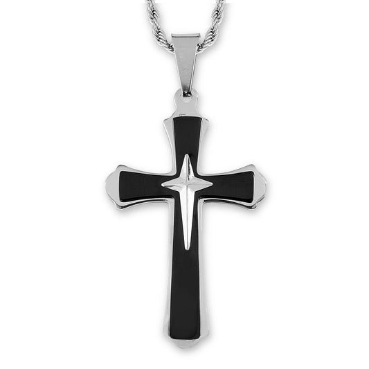Flared Triple Layer Two Tone Stainless Steel Cross Pendant